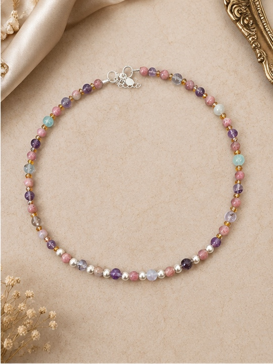 Woman’s Romantic Amethyst,Aquamarine and Pink Tourmaline necklace