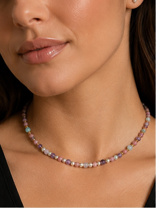 Woman’s Romantic Amethyst,Aquamarine and Pink Tourmaline necklace