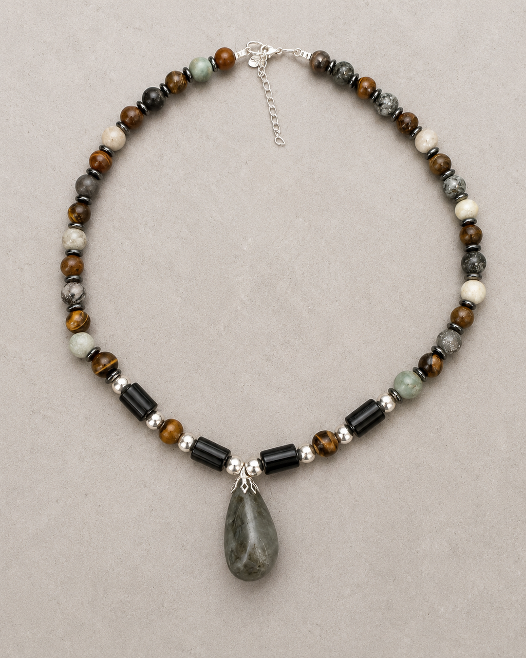 Men’s Genuine Labradorite ,Onyx  Amazonite ,and Tiger Eye Sterling Silver Necklace