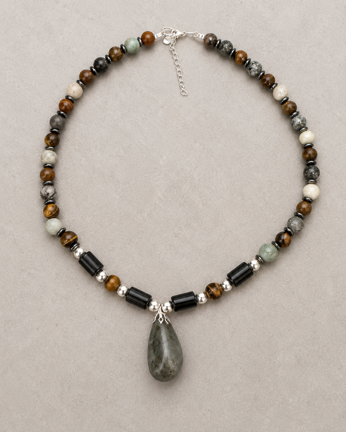 Men’s Genuine Labradorite ,Onyx  Amazonite ,and Tiger Eye Sterling Silver Necklace