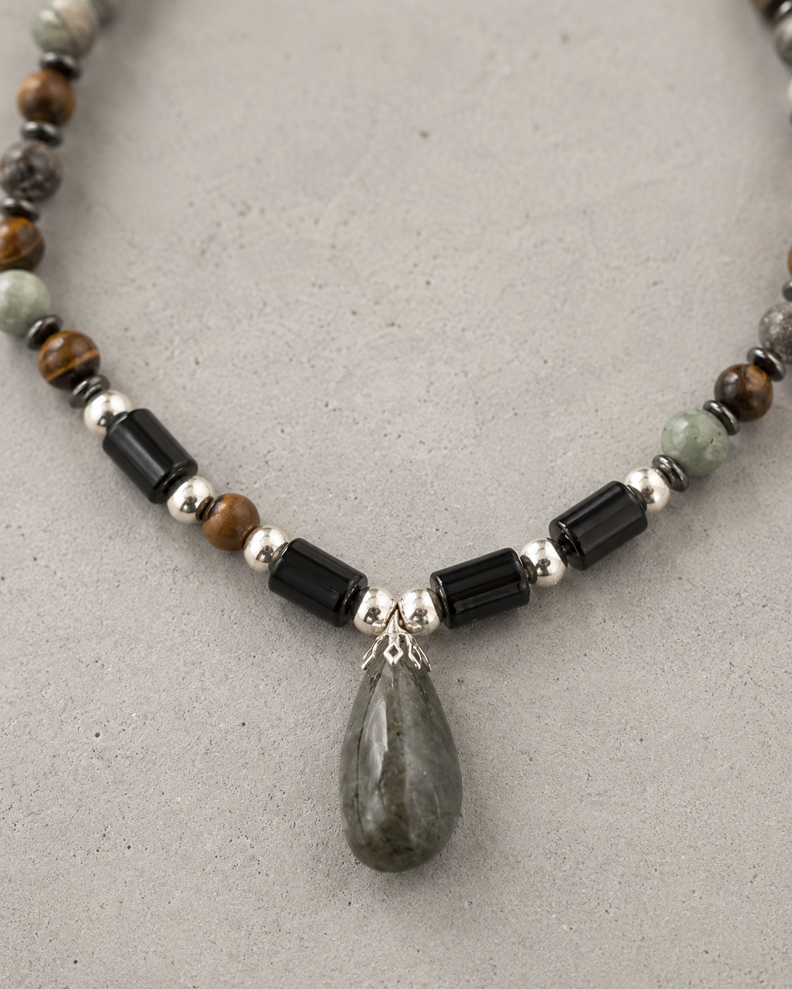 Men’s Genuine Labradorite ,Onyx  Amazonite ,and Tiger Eye Sterling Silver Necklace