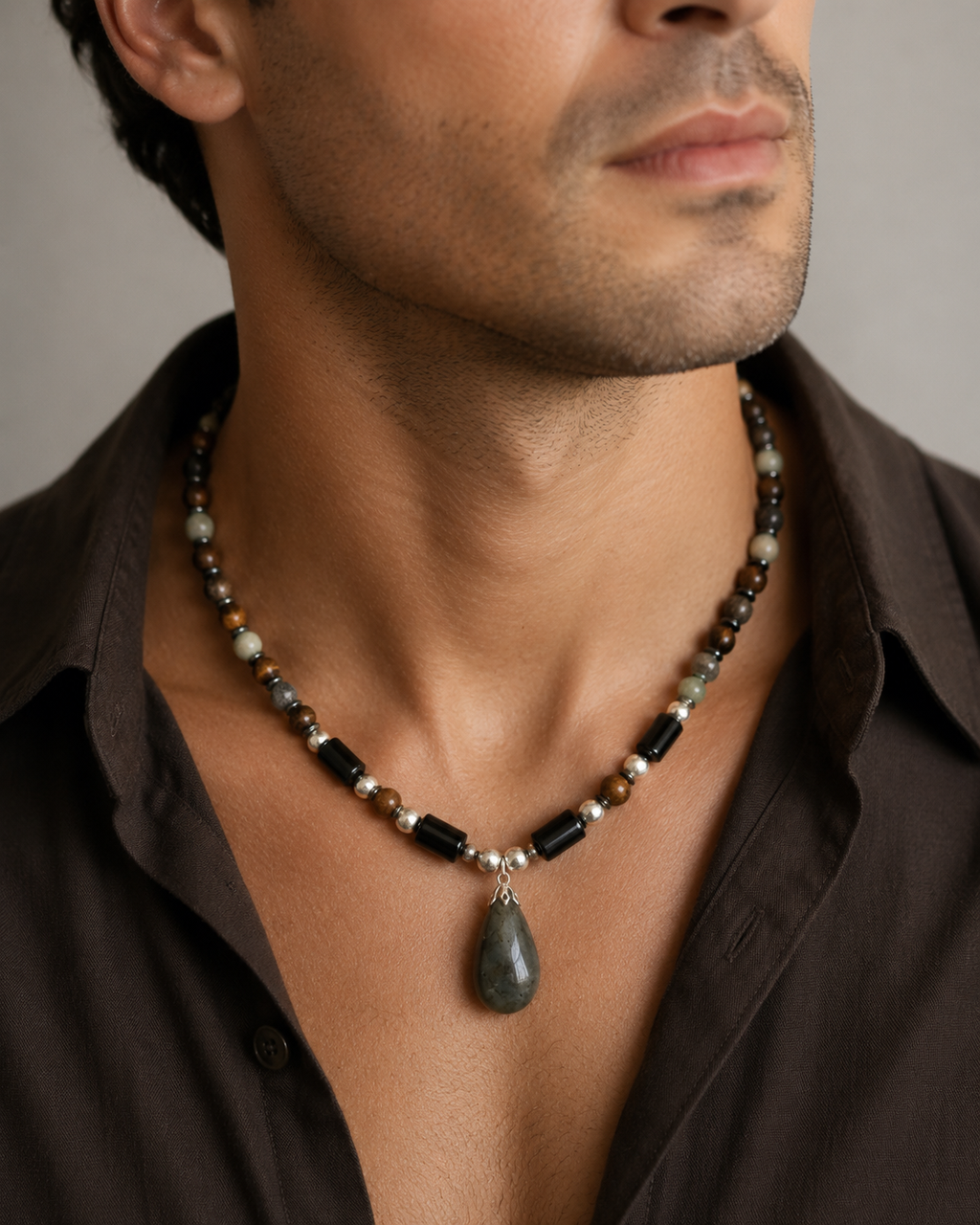 Men’s Genuine Labradorite ,Onyx  Amazonite ,and Tiger Eye Sterling Silver Necklace