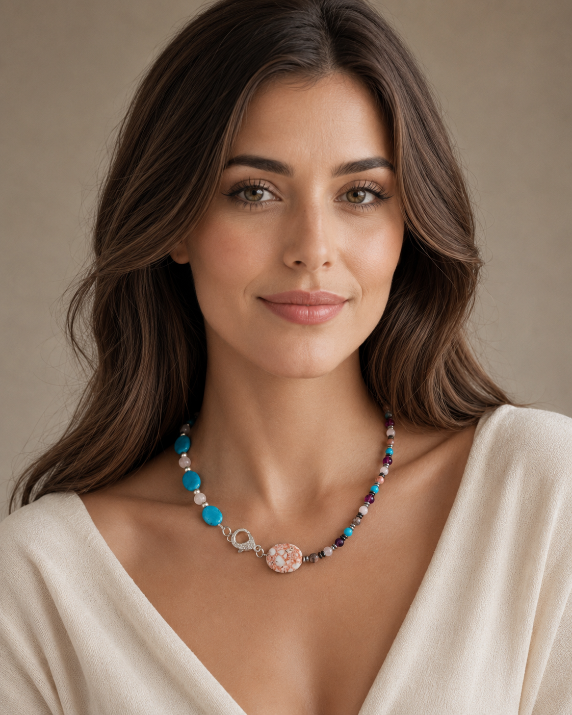Woman’s beautiful gemstone necklace with large Pink Impression Jasper