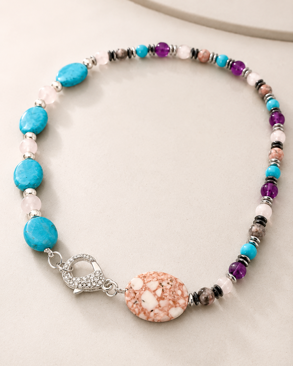 Woman’s beautiful gemstone necklace with large Pink Impression Jasper
