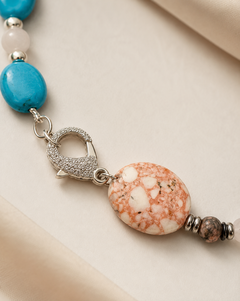 Woman’s beautiful gemstone necklace with large Pink Impression Jasper
