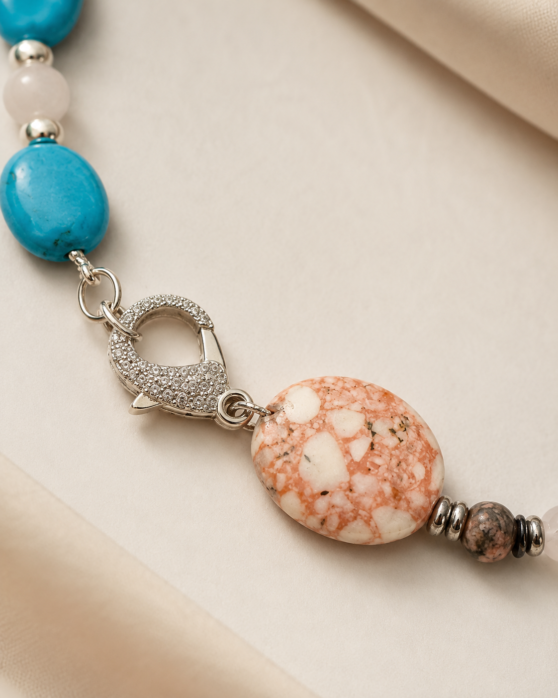 Woman’s beautiful gemstone necklace with large Pink Impression Jasper