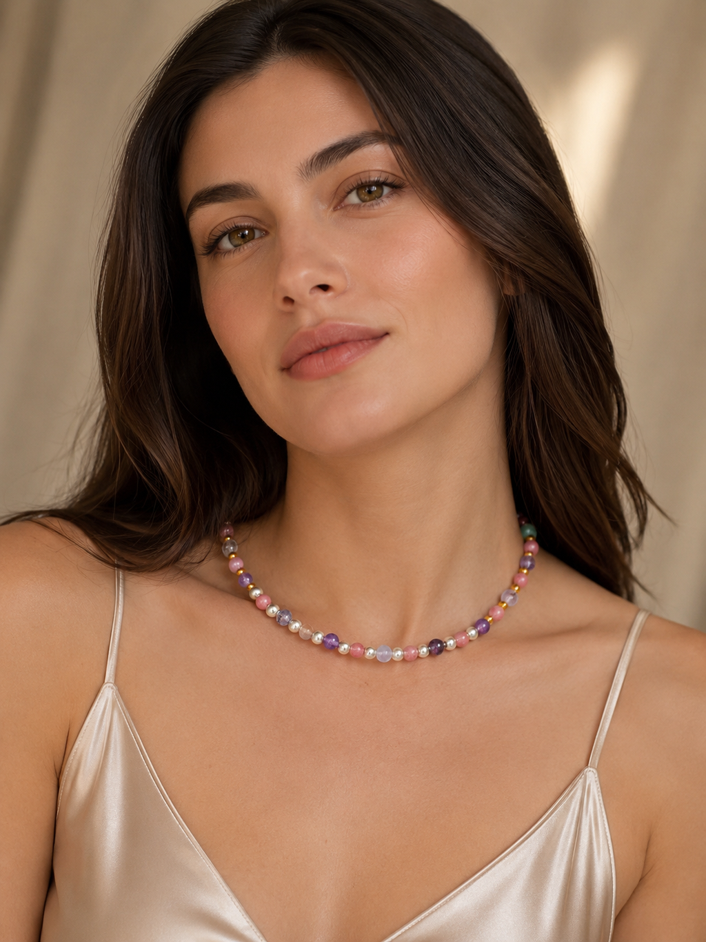 Woman’s Romantic Amethyst,Aquamarine and Pink Tourmaline necklace