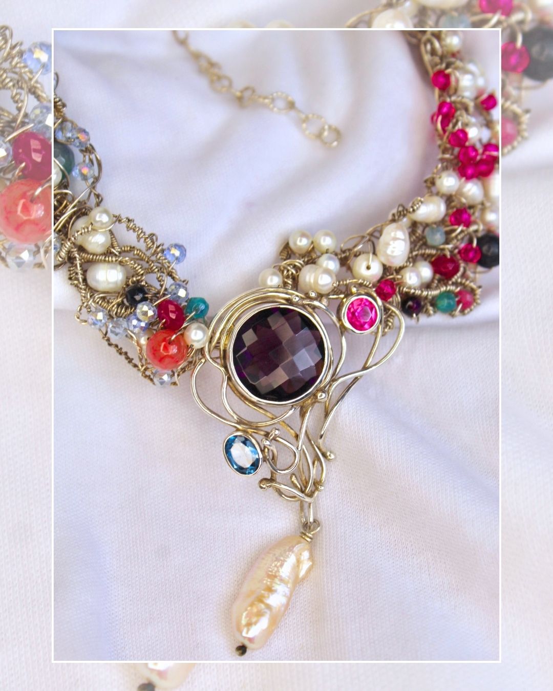Enchanted Gem Orchard- One-of -A -Kind Sculptural Sterling Silver Necklace