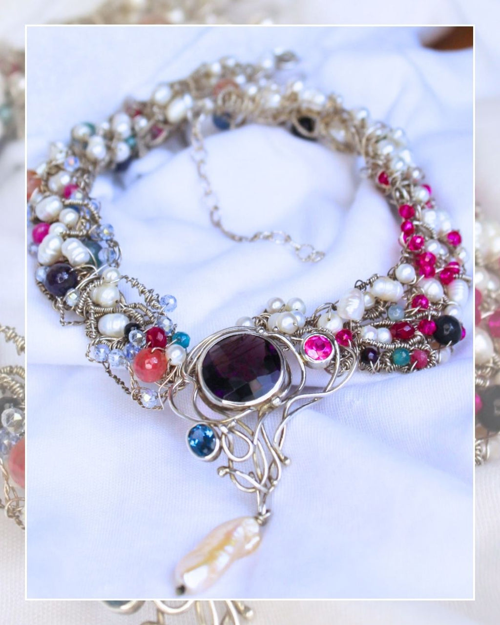 Enchanted Gem Orchard- One-of -A -Kind Sculptural Sterling Silver Necklace