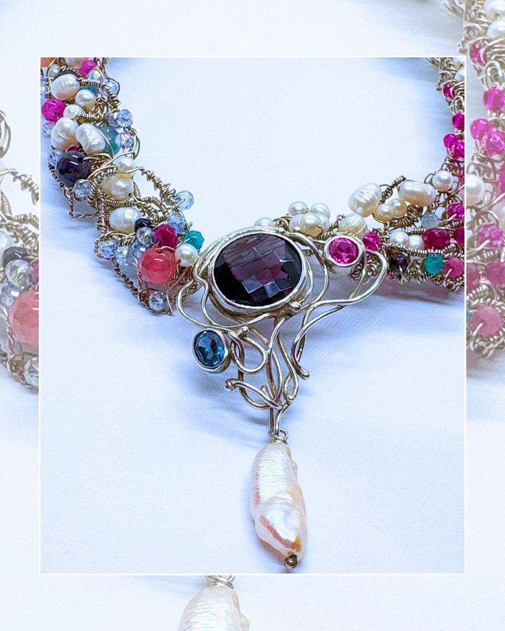 Enchanted Gem Orchard- One-of -A -Kind Sculptural Sterling Silver Necklace