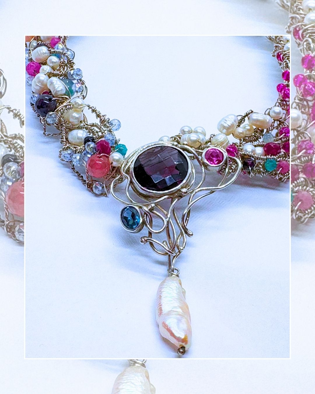 Enchanted Gem Orchard- One-of -A -Kind Sculptural Sterling Silver Necklace