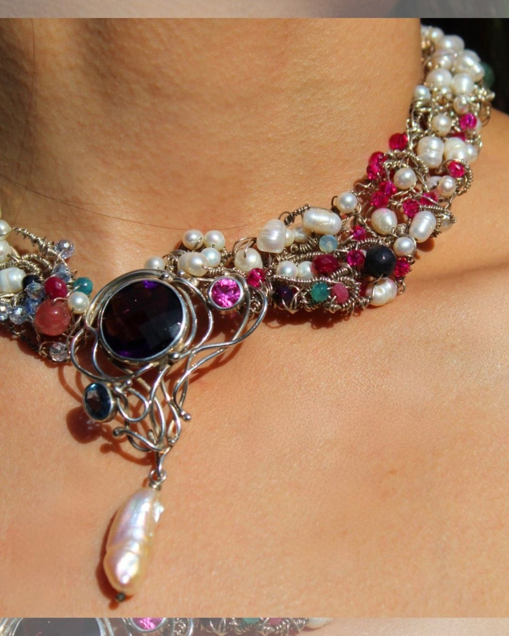 Enchanted Gem Orchard- One-of -A -Kind Sculptural Sterling Silver Necklace