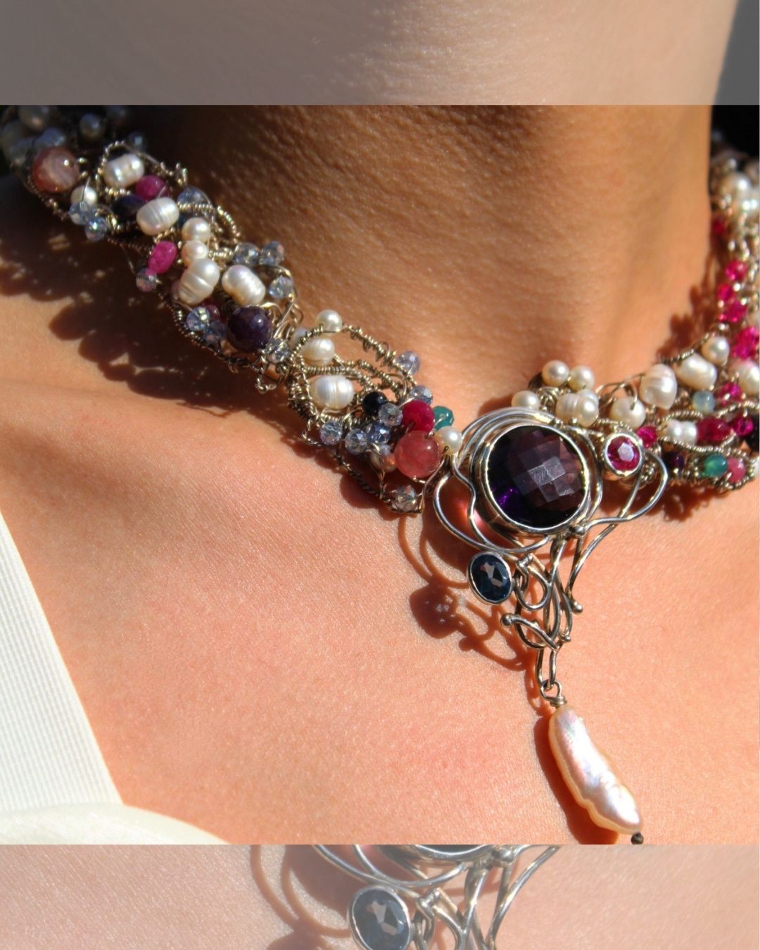 Enchanted Gem Orchard- One-of -A -Kind Sculptural Sterling Silver Necklace