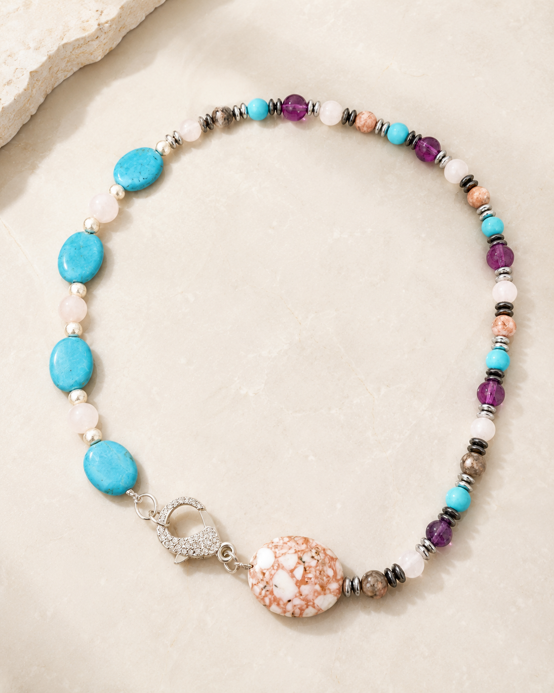 Woman’s beautiful gemstone necklace with large Pink Impression Jasper