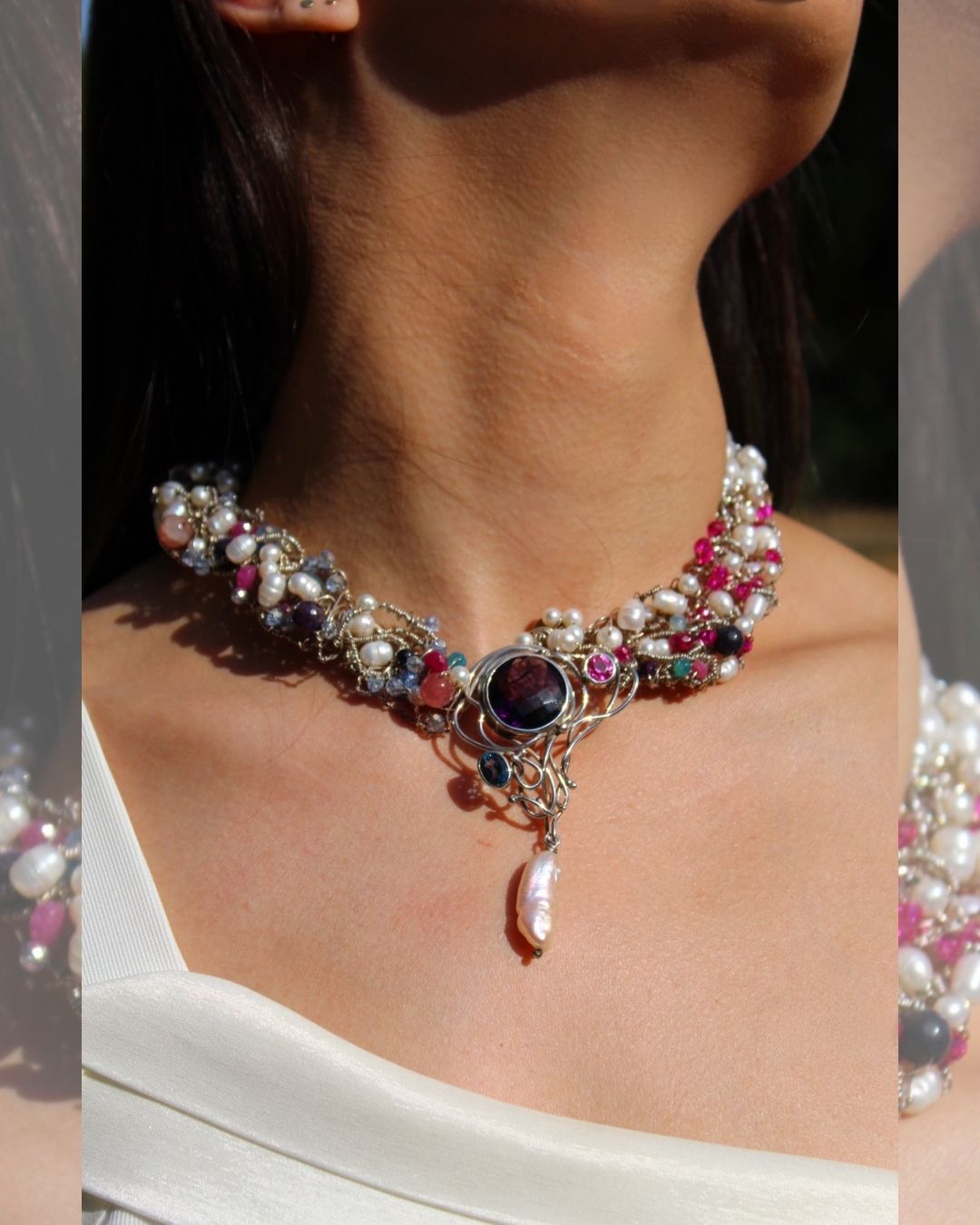 Enchanted Gem Orchard- One-of -A -Kind Sculptural Sterling Silver Necklace