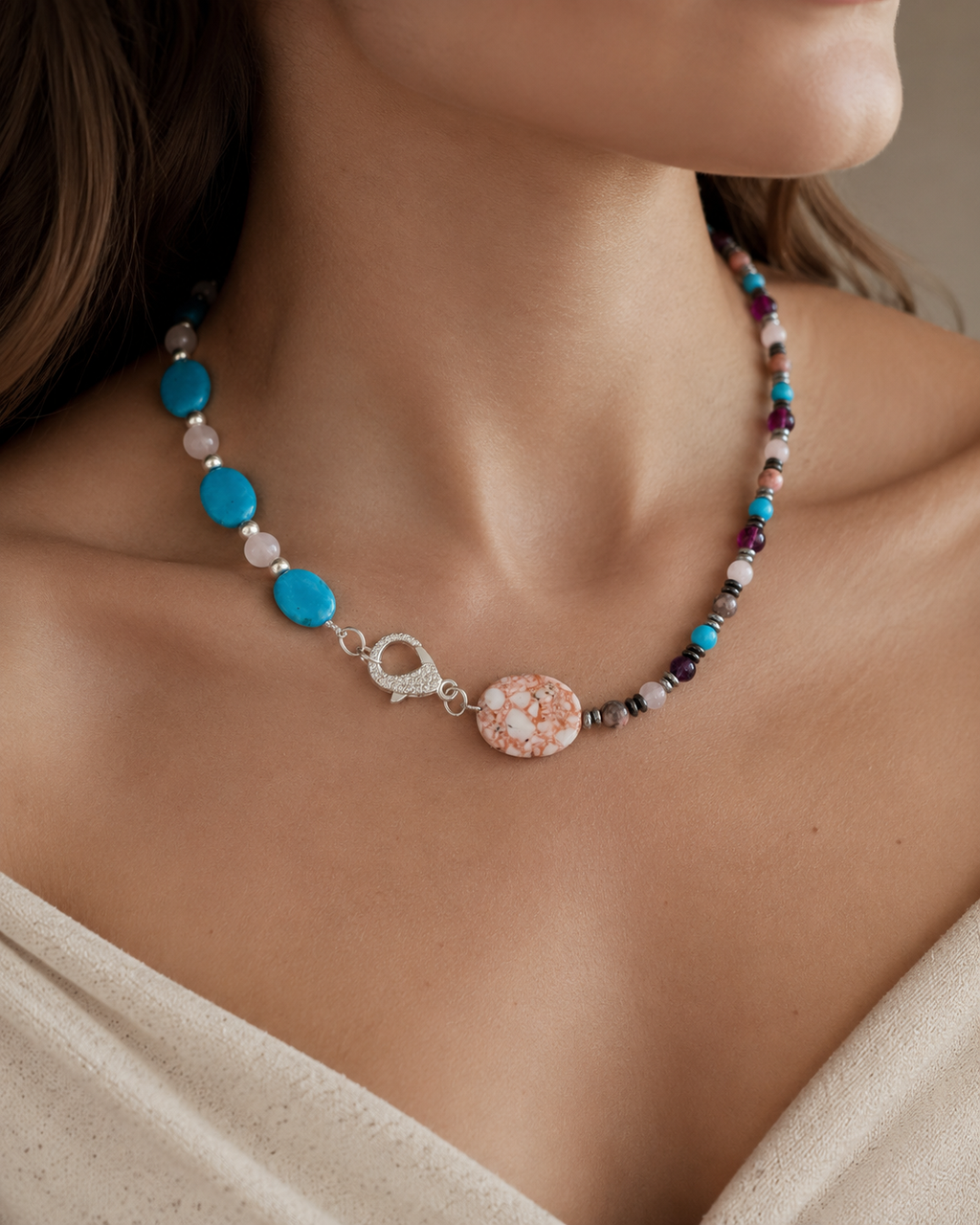 Woman’s beautiful gemstone necklace with large Pink Impression Jasper